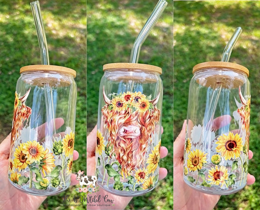 Highland Cow Sunflowers Glass Tumbler